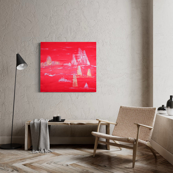 The artwork 'Once Was No Longer' by Ali Ha features a vibrant red canvas with ethereal white abstract cityscape silhouettes emerging from the background. Created with repurposed silk fabric and acrylic paint, the piece showcases minimalist architectural forms floating in a dreamlike scarlet atmosphere, depicting a surreal urban landscape with a contemporary mixed media technique. By Ali Ha.