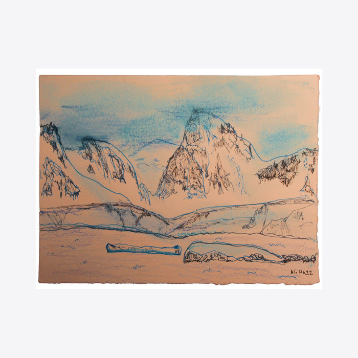 The artwork 'Orne Harbour' by Ali Ha features delicate ink lines depicting a serene Antarctic mountain landscape. Jagged peaks rise against a soft peach and blue sky, with fallen logs in the foreground. Created on warm white Stonehenge paper using Micron ink and Caran d'Ache, capturing the tranquil wilderness. By Ali Ha.