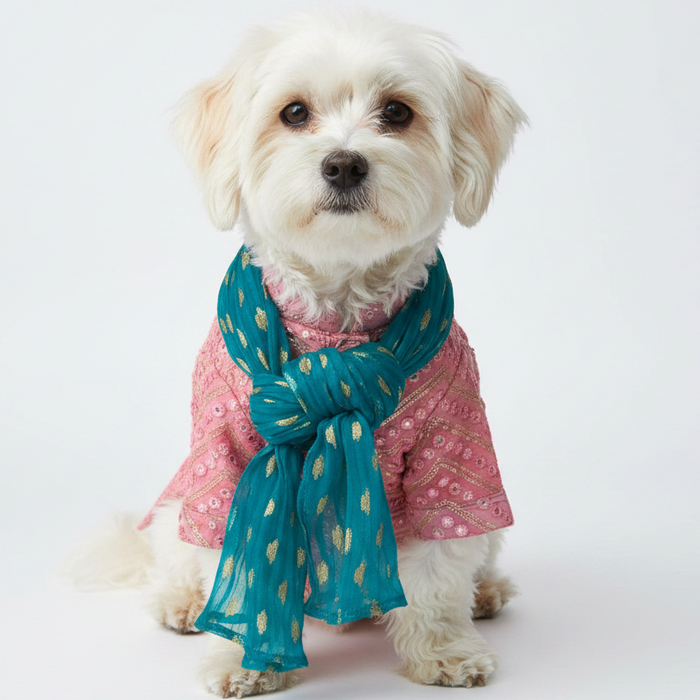 Pastel Pink Embroidered Dog Kurta Set with Teal Dupatta - Ethnic Wear