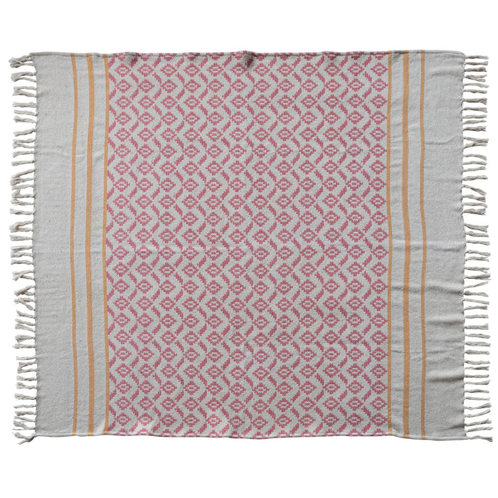 Pink & Mustard Woven Recycled Cotton Blend Jacquard Throw with Stripes & Tassels