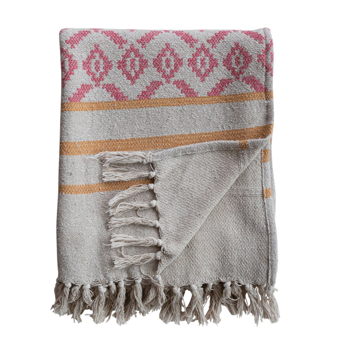 Pink & Mustard Woven Recycled Cotton Blend Jacquard Throw with Stripes & Tassels