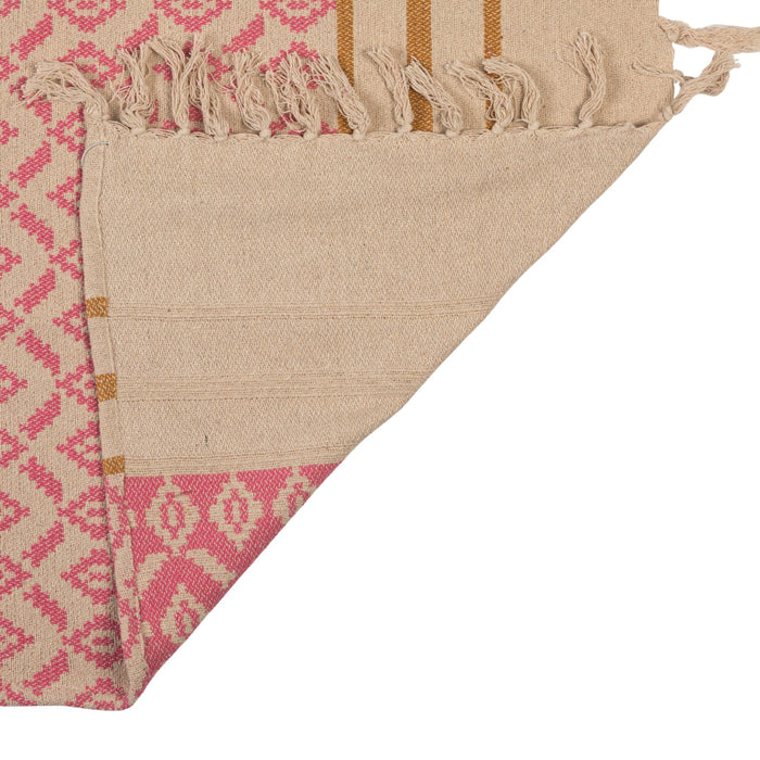 Pink & Mustard Woven Recycled Cotton Blend Jacquard Throw with Stripes & Tassels