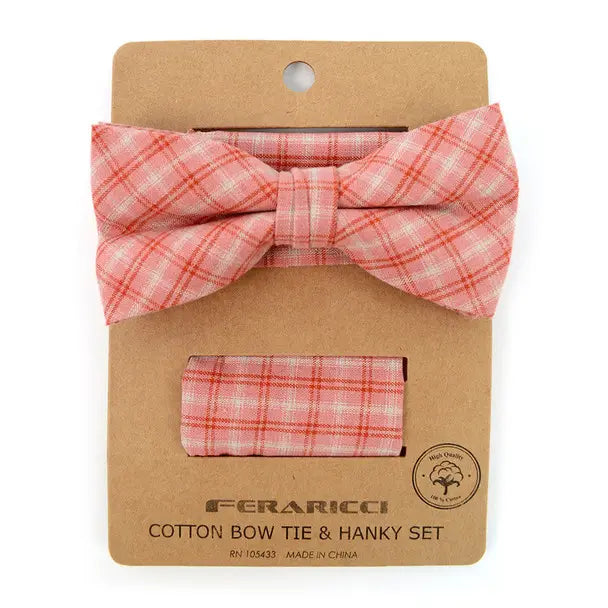 Plaid Cotton Bow Tie & Pocket Square-Pink, Red, & White