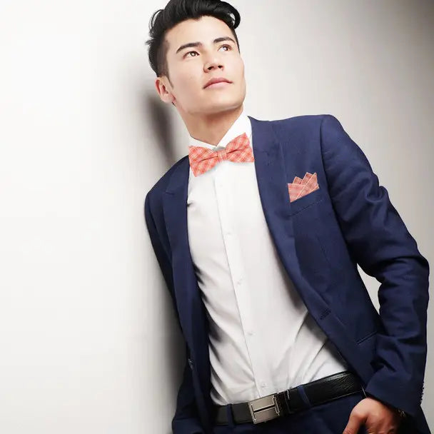 Plaid Cotton Bow Tie & Pocket Square-Pink, Red, & White