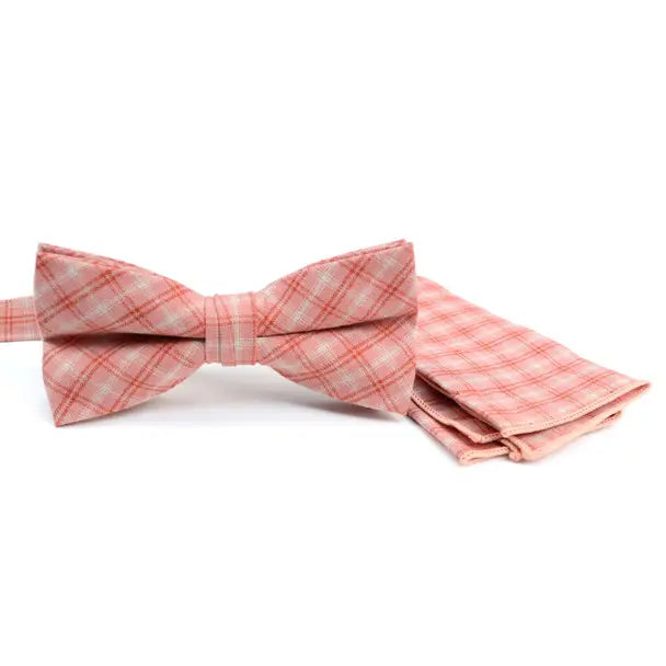 Plaid Cotton Bow Tie & Pocket Square-Pink, Red, & White