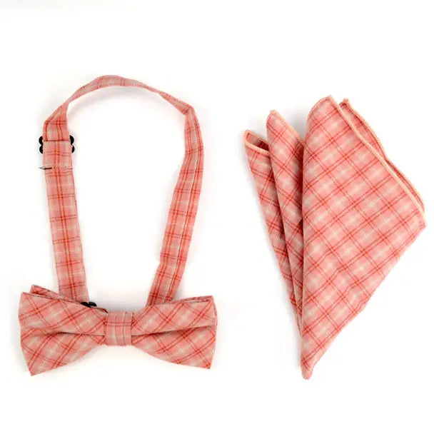 Plaid Cotton Bow Tie & Pocket Square-Pink, Red, & White