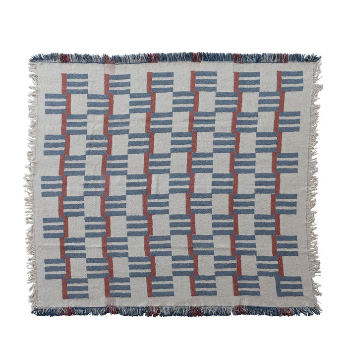 Red, Blue, & Natural Woven Cotton Blend Jacquard Throw with Stripes/Block Pattern & Fringe