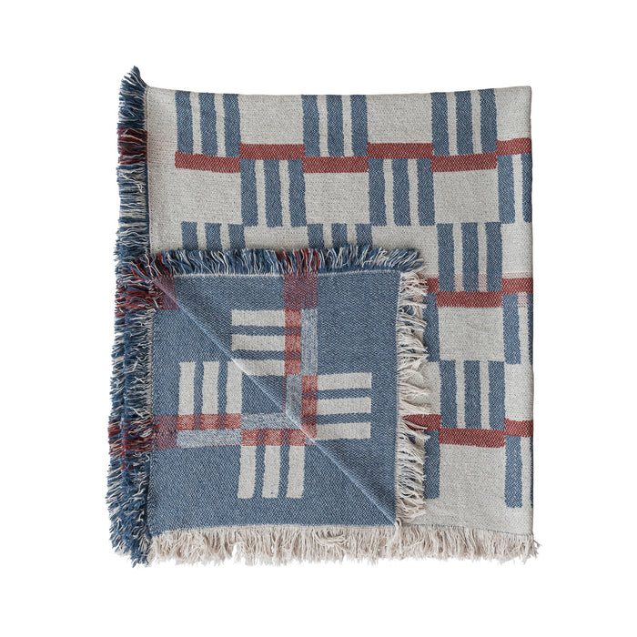 Red, Blue, & Natural Woven Cotton Blend Jacquard Throw with Stripes/Block Pattern & Fringe