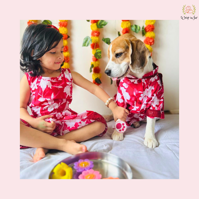 Red Floral Pathani Dog Kurta - Premium Indian Dog Ethnic Wear Dress