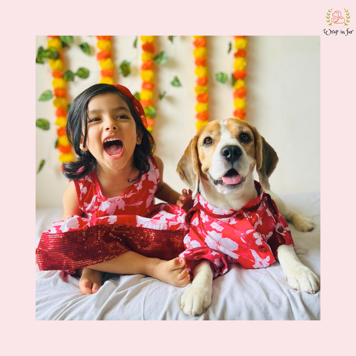 Red Floral Pathani Dog Kurta - Premium Indian Dog Ethnic Wear Dress
