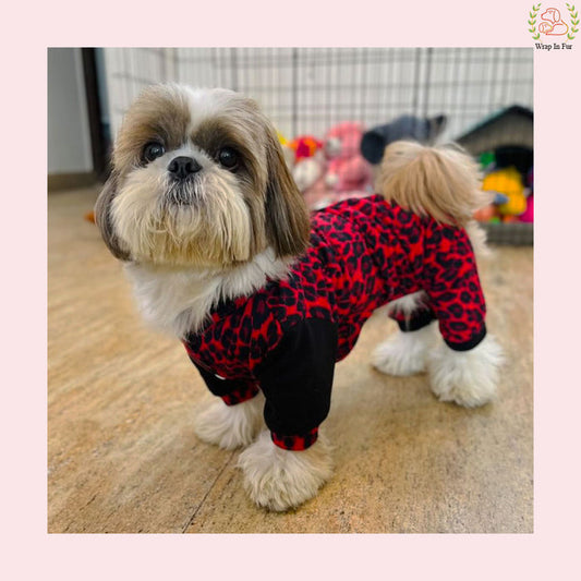 Red Leopard Print Dog Jumpsuit – Cozy, Trendy & Full-Body Winter Wear