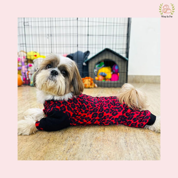 Red Leopard Print Dog Jumpsuit – Cozy, Trendy & Full-Body Winter Wear