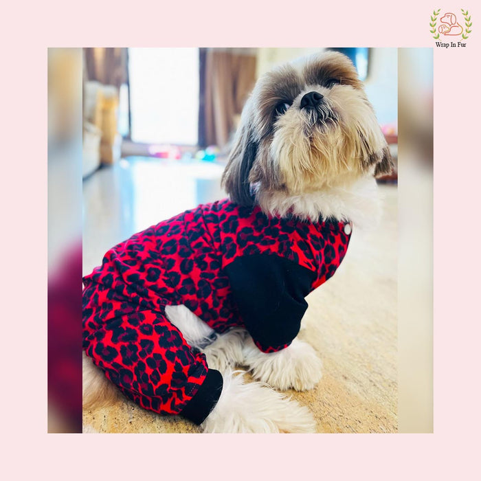 Red Leopard Print Dog Jumpsuit – Cozy, Trendy & Full-Body Winter Wear