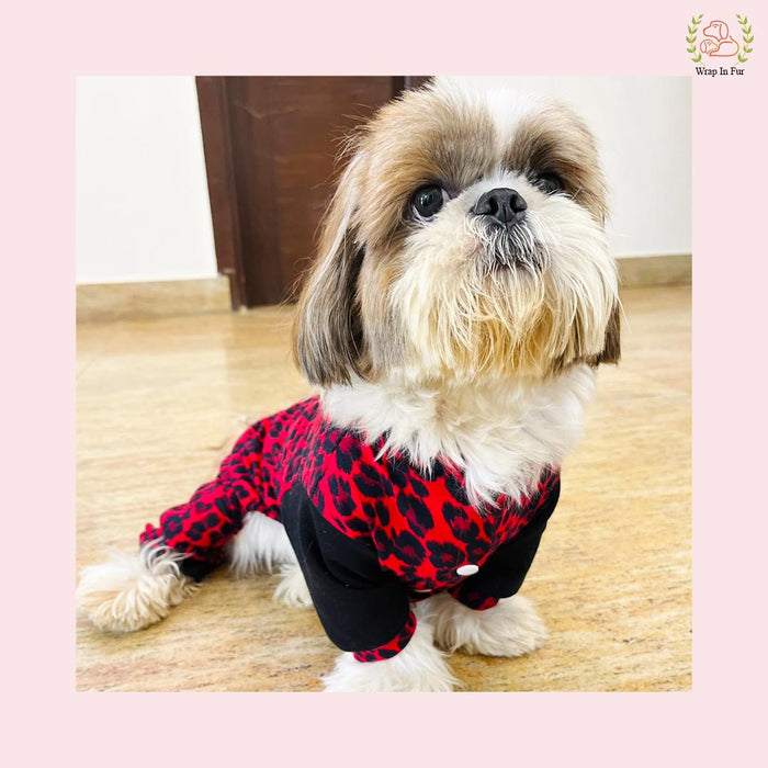 Red Leopard Print Dog Jumpsuit – Cozy, Trendy & Full-Body Winter Wear