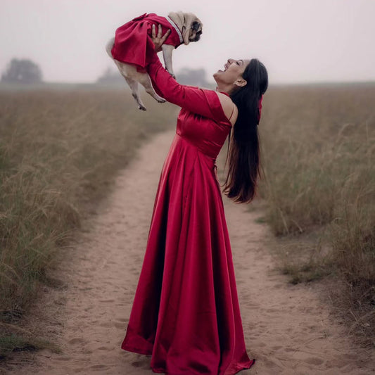 Red Satin Dog Frock & Parent Twinning Set (Dog & Human Matching Outfit)