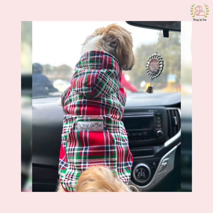 Red Scottish Plaid Winter Pet Hoodie – Warm & Stylish Dog Winter Wear