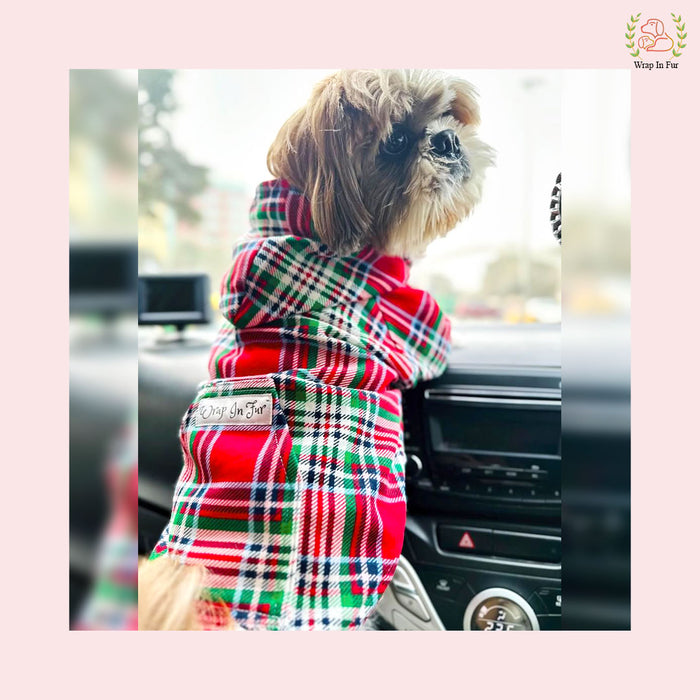 Red Scottish Plaid Winter Pet Hoodie – Warm & Stylish Dog Winter Wear