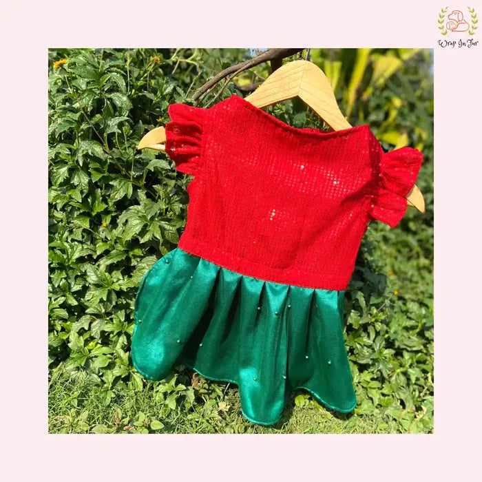 Red Sequin & Green Satin Dog Princess Dress - Festive Christmas Frock
