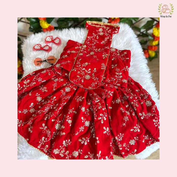 Red Velvet Dog Lehenga Choli – Luxury Dog Wedding Dress Outfit