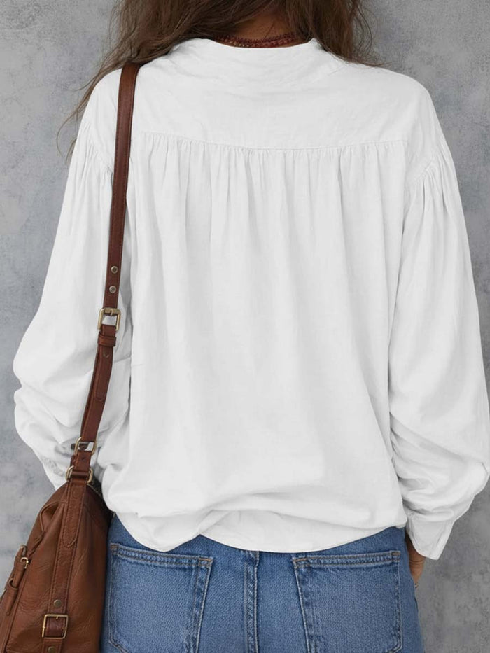 Retro Pleated Shoulder Ruffle Cuffs Blouse