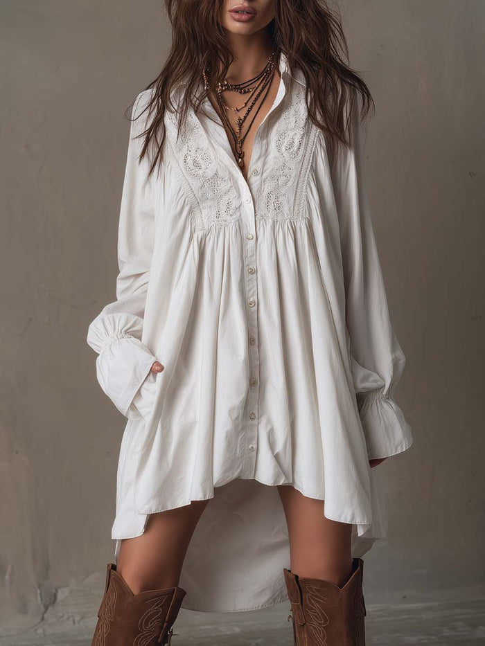 Retro-style Lace Irregular Hem Long-sleeved Mini Dress