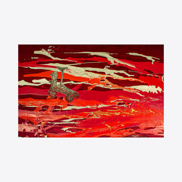 The artwork 'Roaming Round Without You' features dynamic swirls of crimson and scarlet hues intertwined with beige fabric strips, creating a dramatic abstract landscape. A vintage bicycle applique drifts across the vibrant red acrylic pour background, suggesting movement and nostalgia. Mixed media artwork combines repurposed fabric and paint technique by Ali Ha.