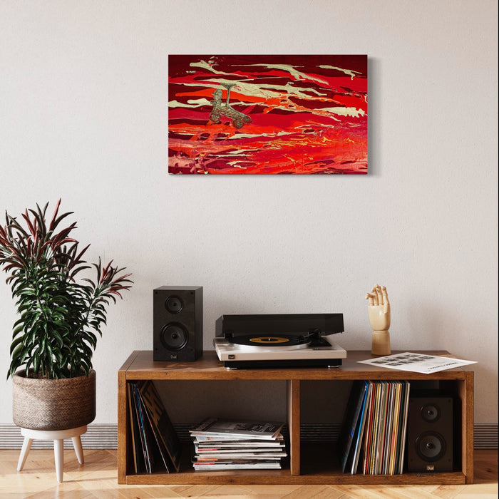 The artwork 'Roaming Round Without You' by Ali Ha features dynamic layers of vibrant red and cream tones created through acrylic paint pouring technique. Abstract organic shapes flow across the canvas, complemented by repurposed fabric applique elements. The composition suggests movement and energy through its horizontal sweeping patterns and textural contrasts. Mixed media artwork, 18x30 inches by Ali Ha.