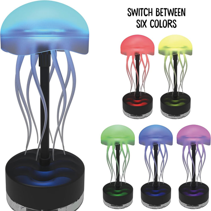 Color-changing jellyfish lamp with six different color options on a white background.