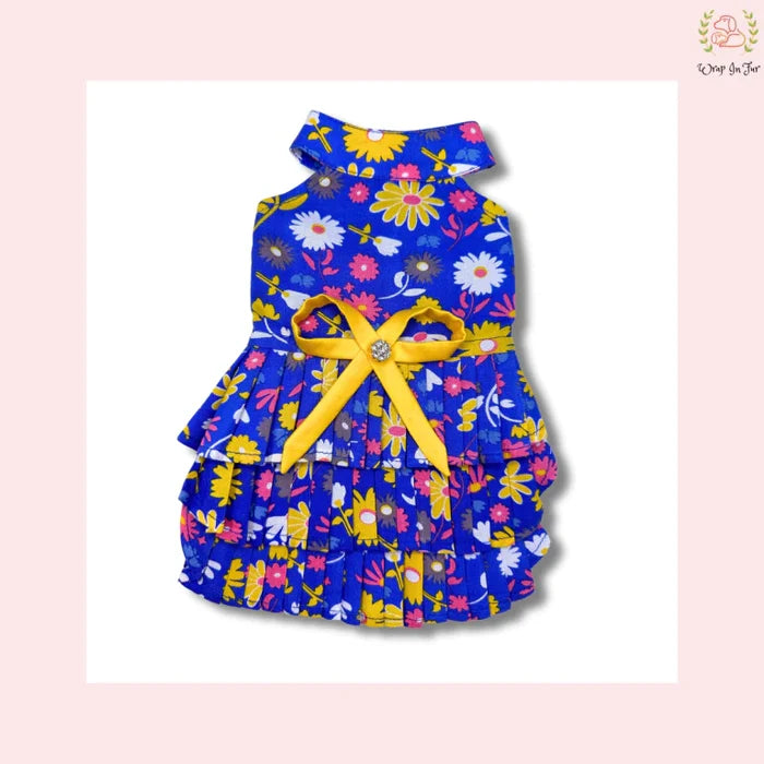 Royal Blue Floral Dog Princess Dress - Yellow Cold Shoulder Dog Frock