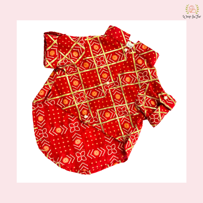 Royal Red Bandhani Dog Kurta Shirt - Traditional Indian Dog Ethnic Wear