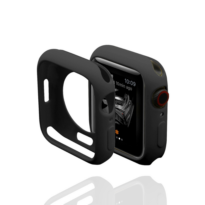 Black silicone Apple Watch case by Coconut Lane, shown both on and off the watch against a white background.