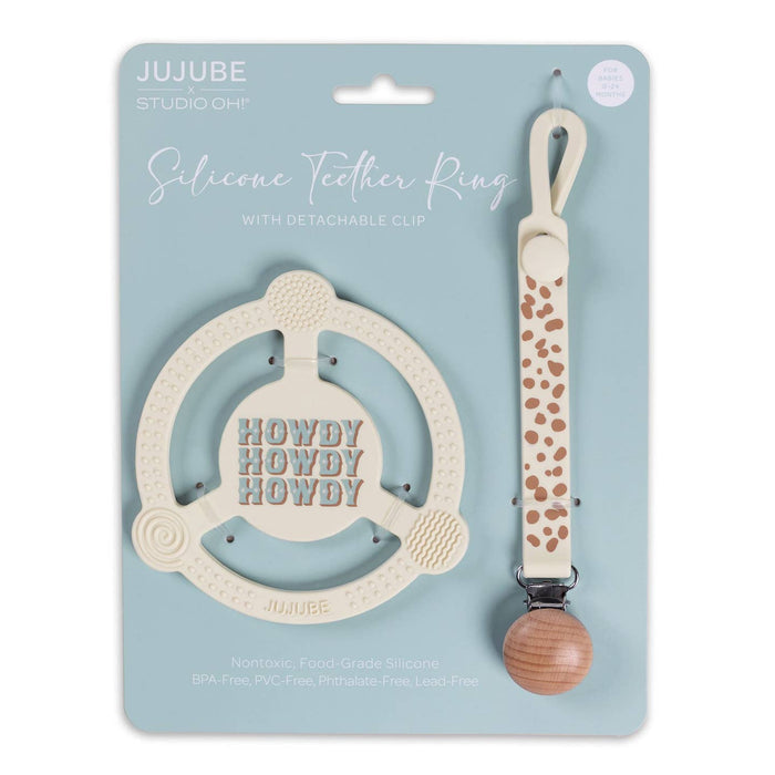 Silicone Teether Ring with Detachable Clip - Howdy Partner Blue
