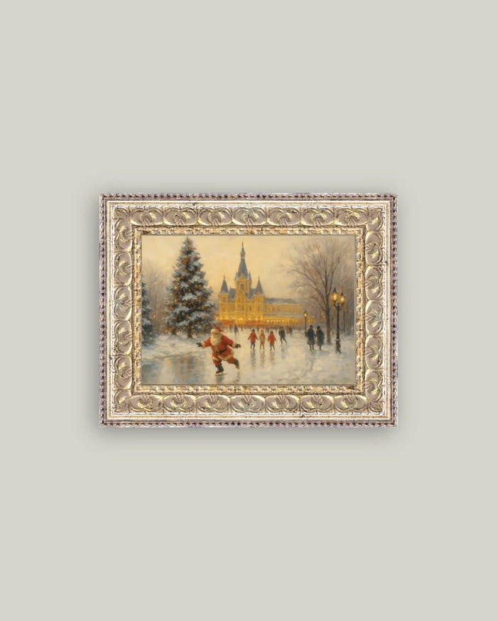 Skating Santa Framed Antique Art (2 Sizes)