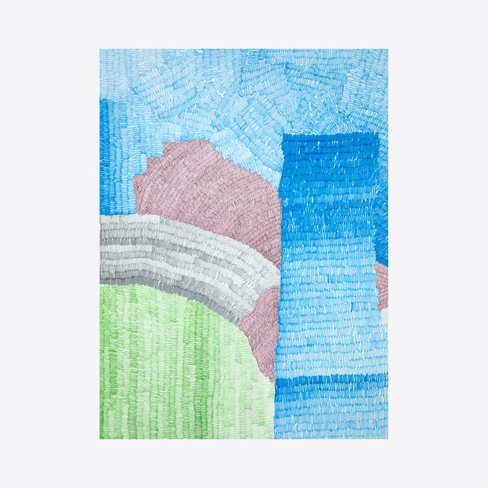 The artwork 'Still' by Lynnette Therese Sauer features an abstract landscape rendered in delicate ink strokes. Geometric shapes in soft pastels create a serene composition - a lime green curved form, dusty rose angular shapes, and towering azure blue blocks against a textured sky. The cross-hatched pen marks add depth and movement to this 16x12 inch piece.