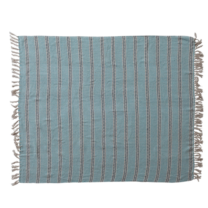 Teal & Navy Blue Stripe Woven Recycled Cotton Striped Throw with Fringe