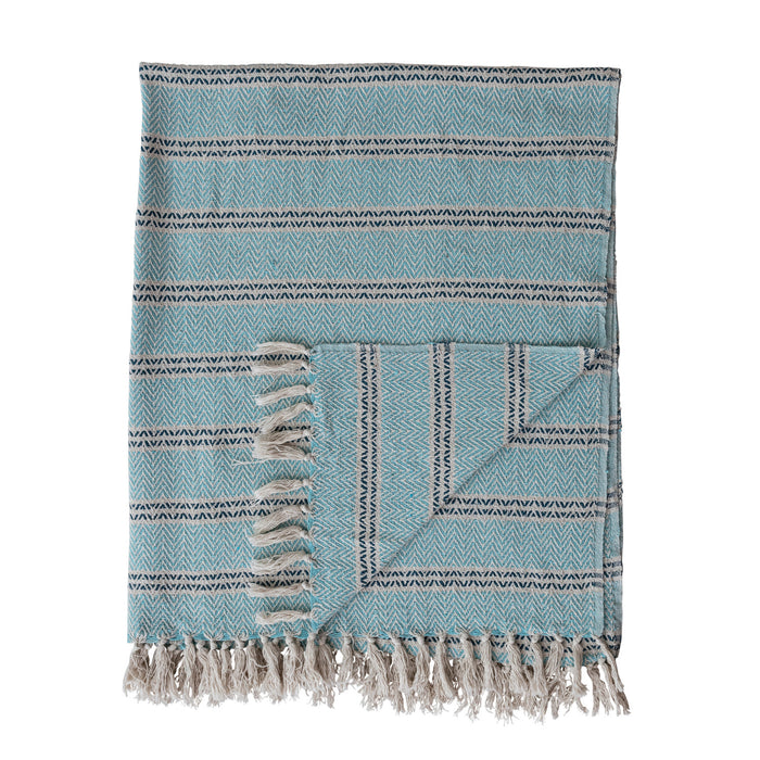 Teal & Navy Blue Stripe Woven Recycled Cotton Striped Throw with Fringe