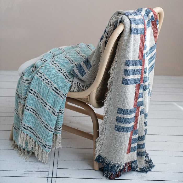 Teal & Navy Blue Stripe Woven Recycled Cotton Striped Throw with Fringe