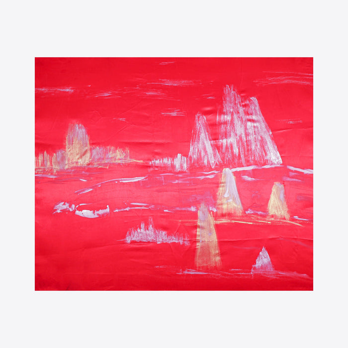 The artwork 'The Red Planet' by Ali Ha features abstract mountainous formations in white and pale yellow against a vivid red background, created using repurposed silk fabric and acrylic paint. The ethereal landscape suggests jagged peaks and rock formations emerging from a crimson horizon, evoking a dreamlike Martian terrain, showcasing textural brushwork and mixed media techniques.