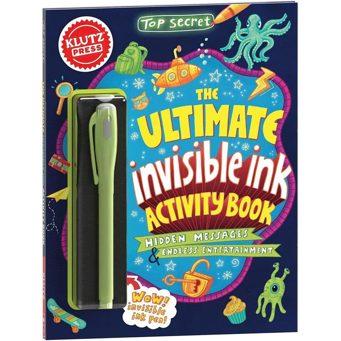 The Ultimate Invisible Ink Activity Book with a green pen on a blue background