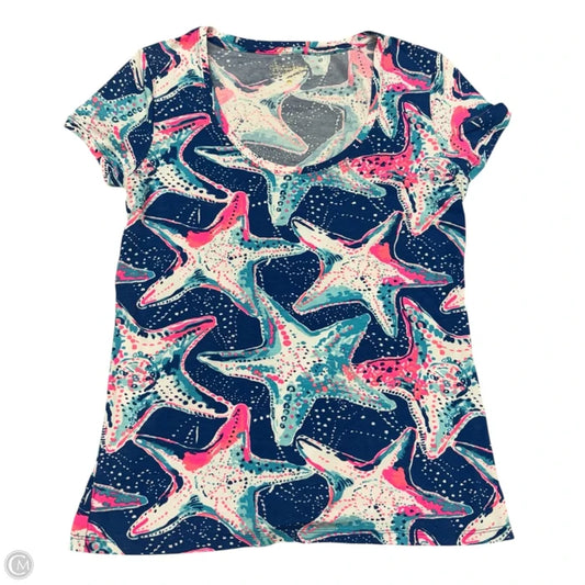 Top Short Sleeve Designer By Lilly Pulitzer In Blue & White, Size: S