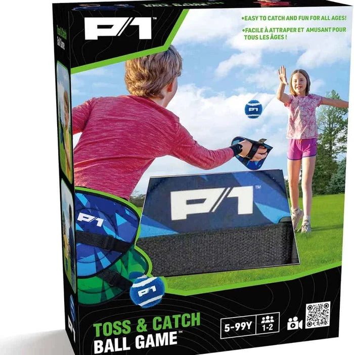 P1 Toss & Catch Ball Game retail packaging box, featuring a boy and girl playing outdoors with the game on a green field. The box is black with green and white branding and displays the P1 logo prominently.