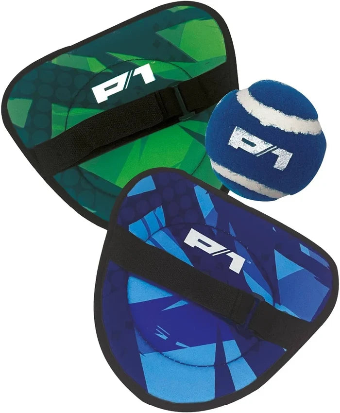 Two P1 protective pads in green and blue geometric patterns with black straps, shown with a blue and white P1 ball on a white background.