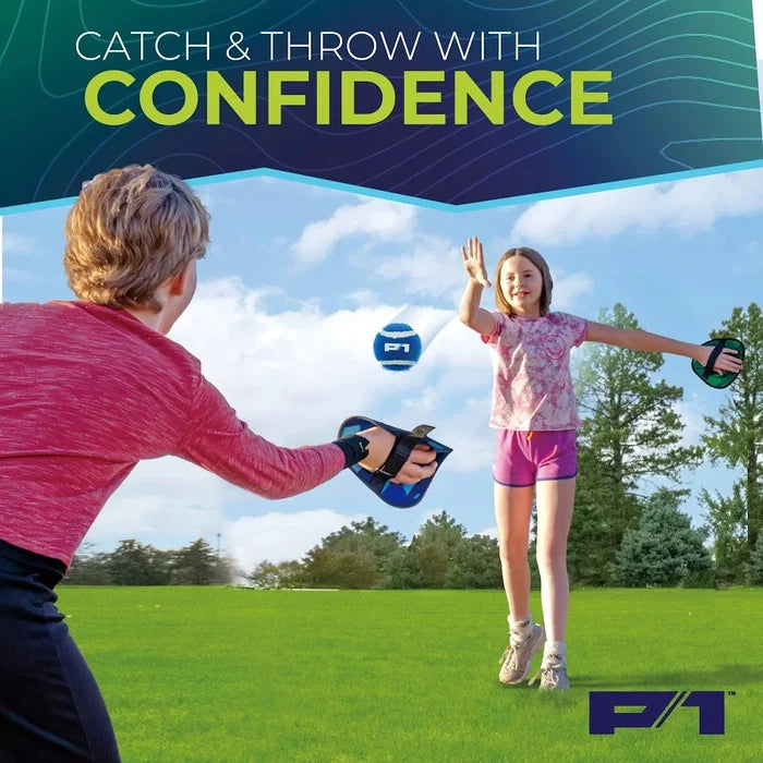 Two children playing catch with a blue sky and green field in the background, with text 'Catch & Throw with Confidence' and a logo at the bottom.