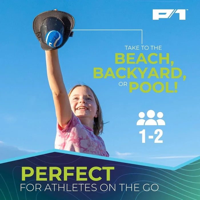 Child holding a sports ball against a blue sky with promotional text about sports equipment.