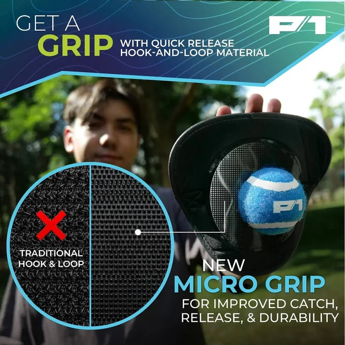 Pickleball paddle with ball featuring quick release hook-and-loop material, brand P1 visible