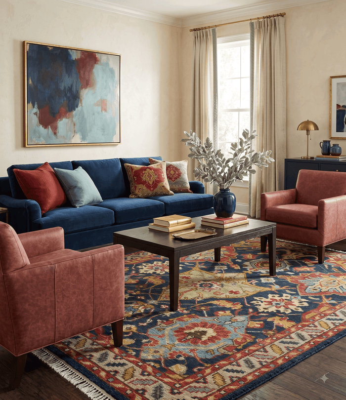 Traditional Large Design Blue, Rust and Gold Hand Knotted Multi Size wool Area Rug - The Rug Decor