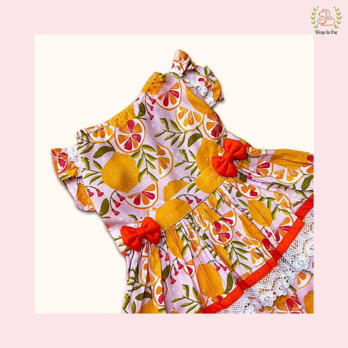 Tropical Citrus Print Dog Princess Dress - Lace Trim Summer Frock