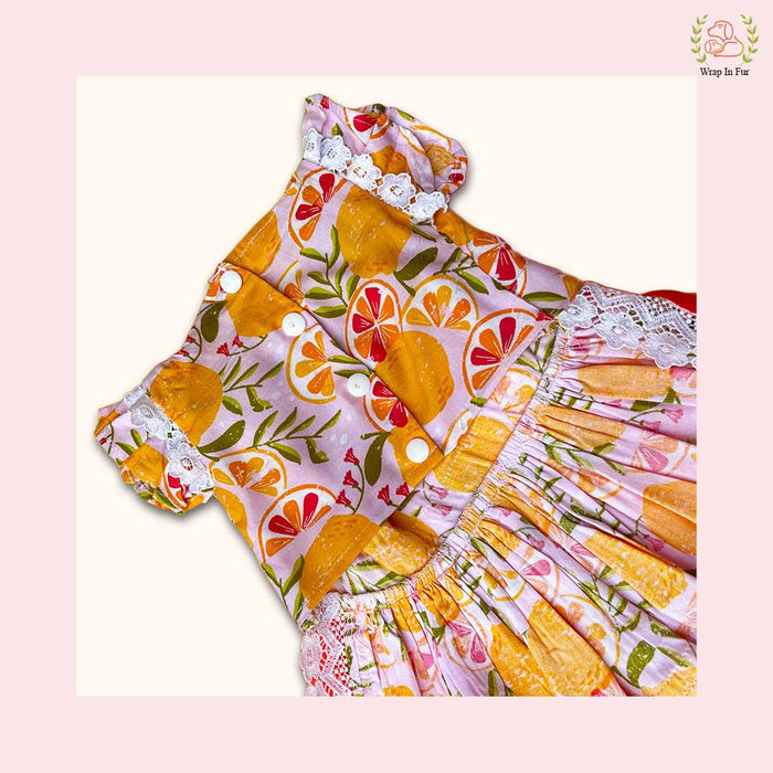 Tropical Citrus Print Dog Princess Dress - Lace Trim Summer Frock