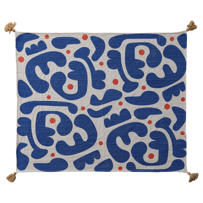Two-Sided Blue, Red, and White Woven Recycled Cotton Blend Throw