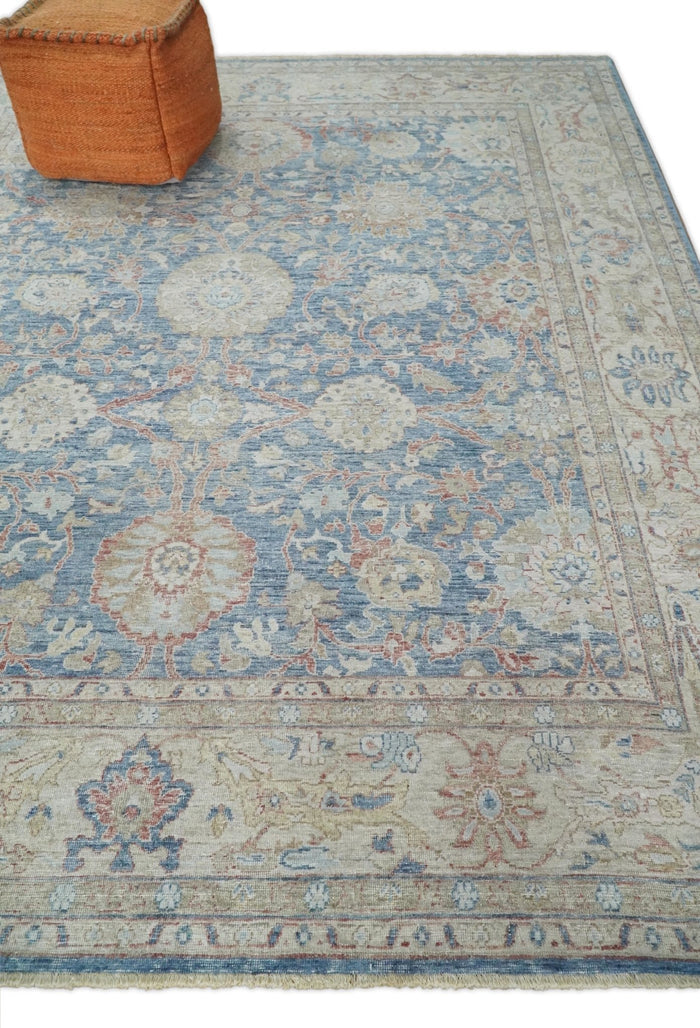 Vintage Hand Knotted 8x10 Blue and Beige Traditional Oxidized Textured Persian Low Pile Wool Rug | TRD2600810 - The Rug Decor